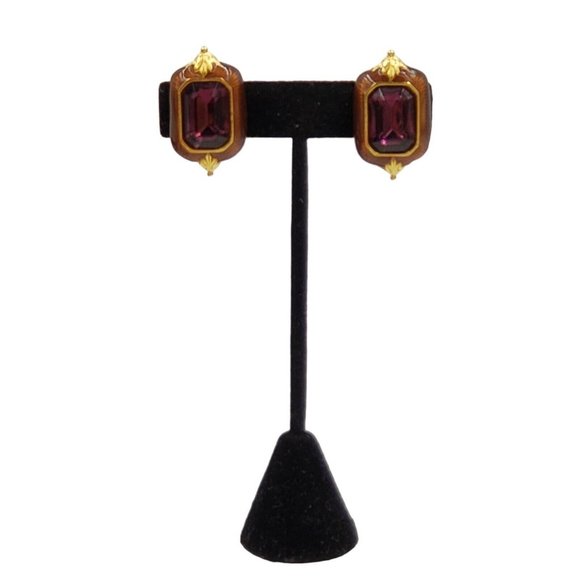 BEREBI Vintage Purple Enamel Rhinestone Clip Earrings Gold Tone Signed - Picture 8 of 12